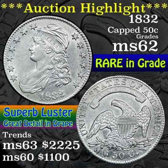 ***Auction Highlight*** 1832 Capped Bust Half Dollar 50c Grades Select Unc (fc)