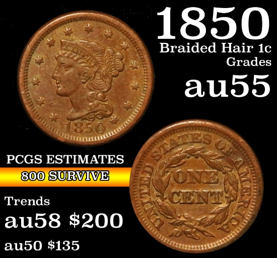 1850 Braided Hair Large Cent 1c Grades Choice AU