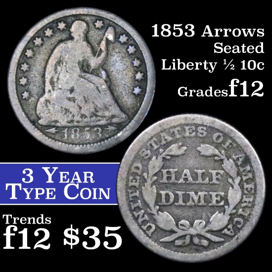 1853-p Seated Liberty Half Dime 1/2 10c Grades f, fine