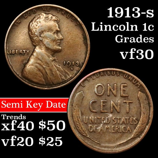 1913-s Lincoln Cent 1c Grades vf++