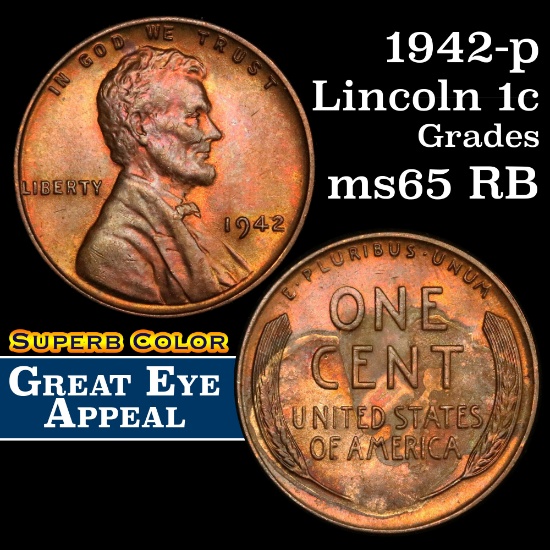 1942-p Lincoln Cent 1c Grades GEM Unc RB