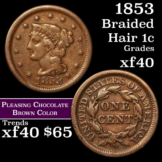 1853 Braided Hair Large Cent 1c Grades xf