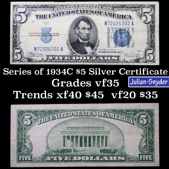 1934C $5 Blue Seal  Silver Certificate Grades vf++