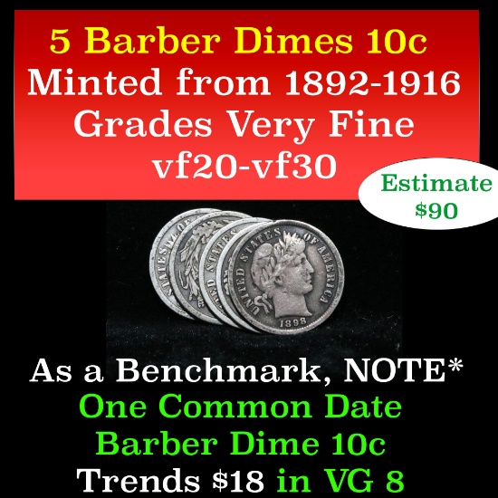 5 Barber Dime 10c Grades vf, very fine