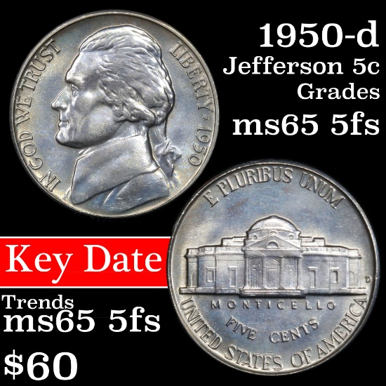 1950-d Jefferson Nickel 5c Grades GEM 5fs