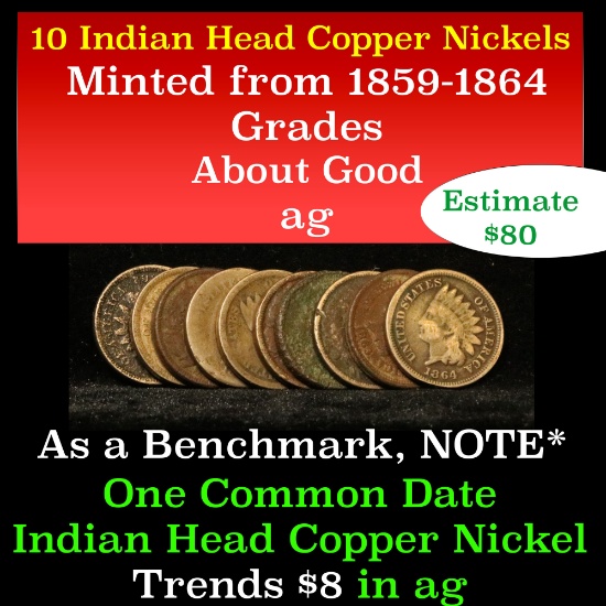 10 assorted copper nickel Indian cents 1859-1864 10c Grades ag