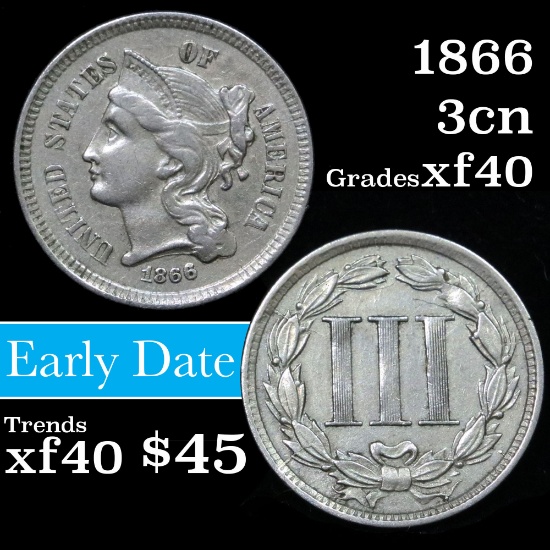 1866 Three Cent Copper Nickel 3cn Grades xf
