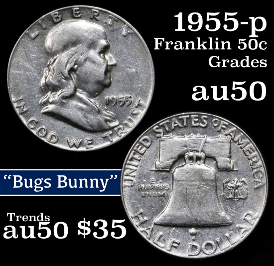 1955-p bugs bunny Franklin Half Dollar 50c Grades AU, Almost Unc