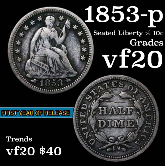 1853-p Seated Liberty Half Dime 1/2 10c Grades vf, very fine