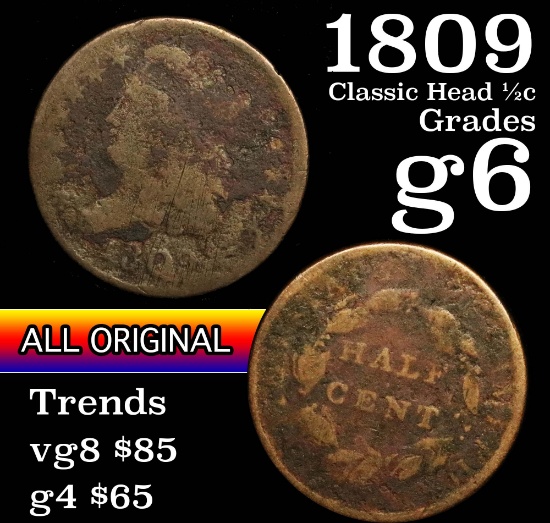 1809 Classic Head half cent 1/2c Grades g+