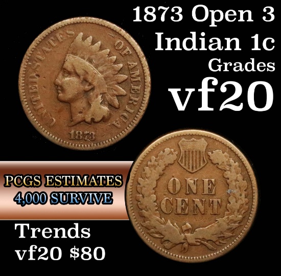 1873 open 3 Indian Cent 1c Grades vf, very fine