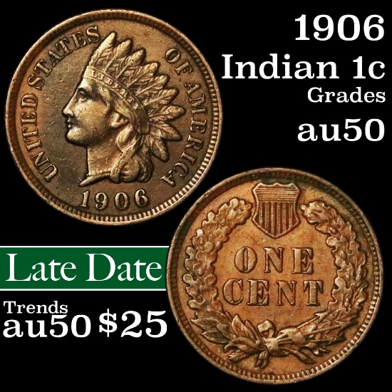 1906 Indian Cent 1c Grades AU, Almost Unc
