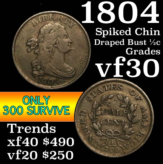1804 'Spiked Chin' Draped Bust Half Cent 1/2c Grades vf++