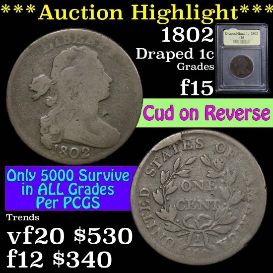 **Auction Highlight** 1802 Draped Bust Large Cent 1c Graded f+ by USCG (fc)