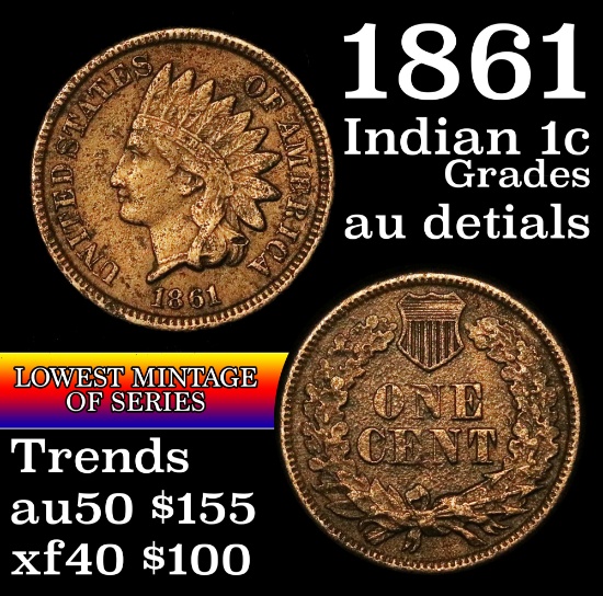 1861 Indian Cent 1c Grades AU Details