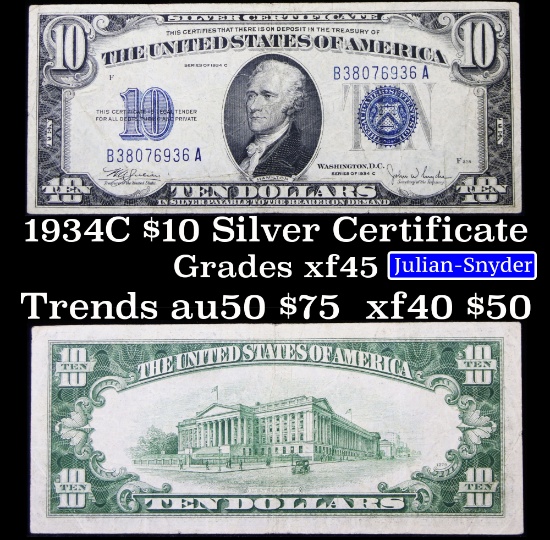 1934C $10 Blue Seal  Silver Certificate Signatures Julian/Snyder Grades xf+