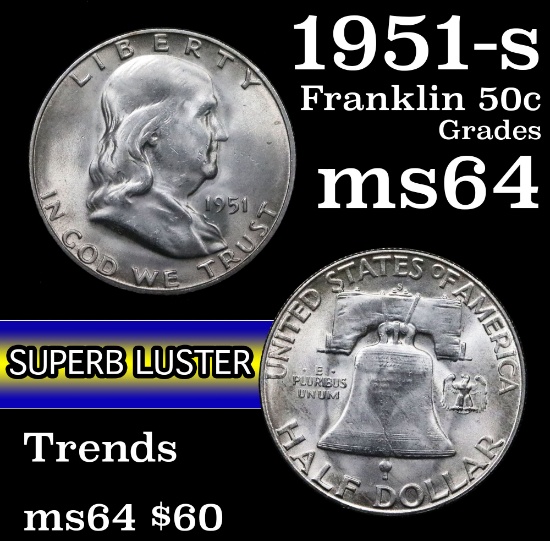 1951-s Franklin Half Dollar 50c Grades Choice Unc