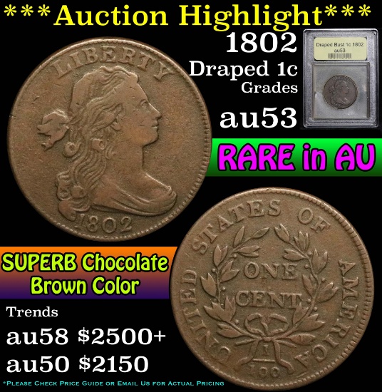 **Auction Highlight** 1802 Draped Bust Large Cent 1c Graded Select AU by USCG (fc)