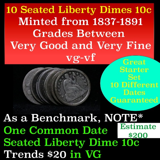 10 Seated Liberty Dimes, All Different Dates 10c Grades vg-vf