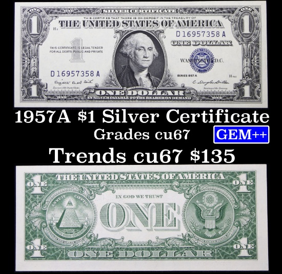 1957A $1 Blue Seal Seal Silver Certificate, Sigs Smith/Dillon Grades Gem++ CU