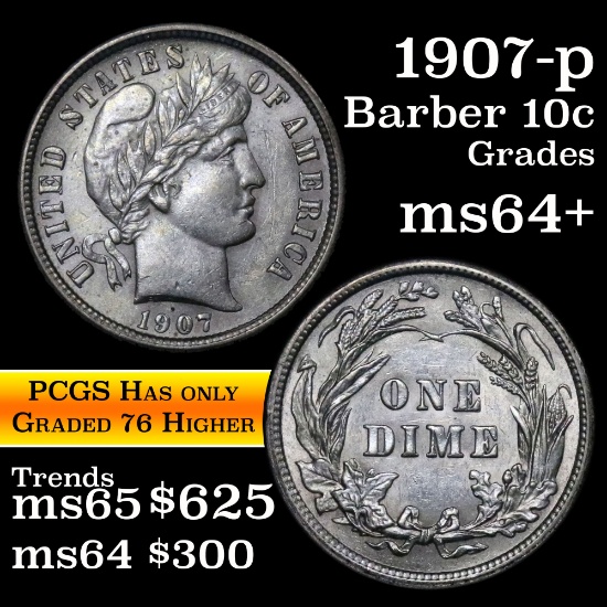 1907-p Barber Dime 10c Grades Choice+ Unc