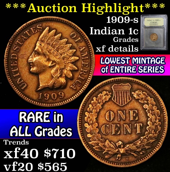 **Auction Highlight** 1909-s Indian Cent 1c Graded xf details by USCG (fc)