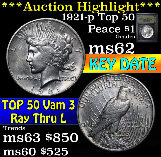 *Auction Highlight* 1921-p Vam 3 Top 50 'Ray thru 'L' Peace Dollar $1 Graded Select Unc by USCG (fc)