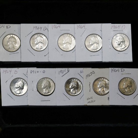 10 BU Silver Washington Quarters dated 1963, 1964