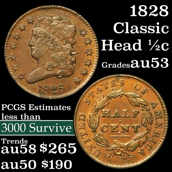 1828 Classic Head half cent 1/2c Grades Select AU