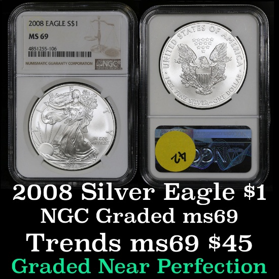 NGC 2008 Silver Eagle Dollar $1 Graded ms69 by NGC