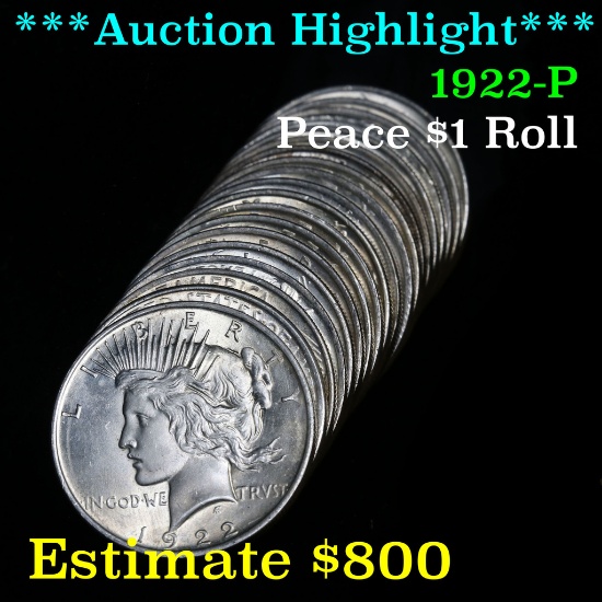***Auction Highlight*** Solid 1922-p Shotgun Roll of (20) Peace Dollars Brilliant Uncirculated (fc)