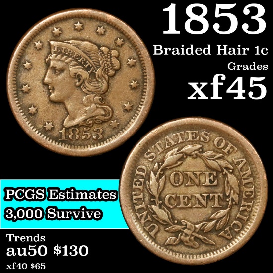 1853 Braided Hair Large Cent 1c Grades xf+
