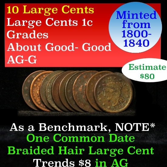 10 Large Cents 1c Grades ag-g