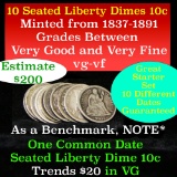 10 Seated Liberty Dimes, Starter Set, All Different Dates 10c Grades vg-vf
