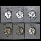 6 BU Silver Washington Quarters 1964 25c