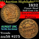 ***Auction Highlight*** 1832 Classic Head half cent 1/2c Grades Choice AU/BU Slider (fc)