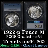 PCGS 1922-p Peace Dollar $1 Graded ms64 by PCGS