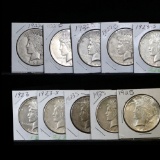 10 assorted Silver Peace Dollars 1923-1925 $1