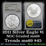 NGC 2011 Silver Eagle Dollar $1 Graded ms69 by NGC