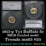 1913-p Ty1 Buffalo Nickel 5c Graded ms63 by SEGS