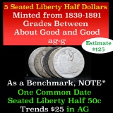 5 Seated Liberty Halves 50c Grades ag-g