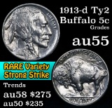 1913-d Ty2 Buffalo Nickel 5c Grades Choice AU