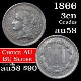 1866 Three Cent Copper Nickel 3cn Grades Choice AU/BU Slider