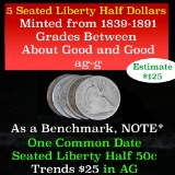 5 Seated Liberty Halves 50c Grades ag-g