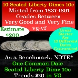 10 Seated Liberty Dimes, Starter Set, All Different Dates 10c Grades vg-vf