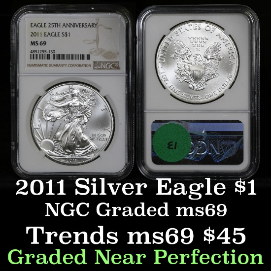 NGC 2011 Silver Eagle Dollar $1 Graded ms69 by NGC