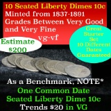 10 Seated Liberty Dimes, Starter Set, All Different Dates 10c Grades vg-vf