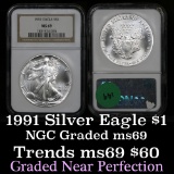 NGC 1991 Silver Eagle Dollar $1 Graded ms69 by NGC