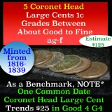 5 Coronet Head Large Cents 1c Grades ag-f