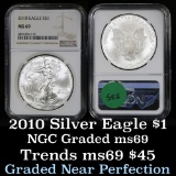 NGC 2010 Silver Eagle Dollar $1 Graded ms69 by NGC